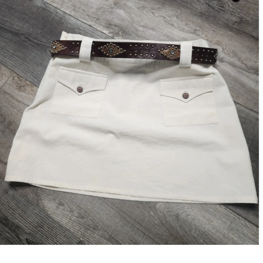 Mini Skirt Womens M Cream Textured Cotton A Line Pockets Coastal Western Cottage